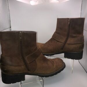 Brown Leather Moto Biker Ankle Boots Womens Size 8 M Side Zip Buckle Detail